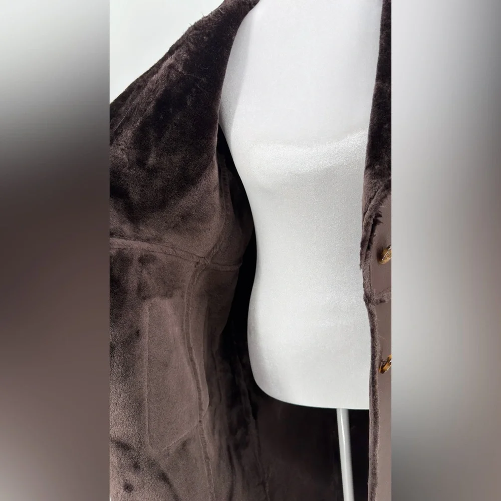 Jason Wi Shearling long Coat Cafe Noir Brown Teddy Lined Button Front Size M NWT - Picture 6 of 8